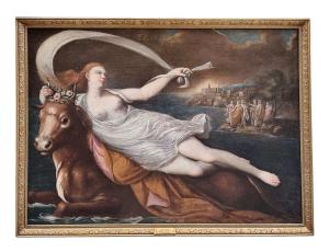 Pintura barroca e renascentista de "O Rapto de Europa". Pintura a óleo sobre tela, século XVII.